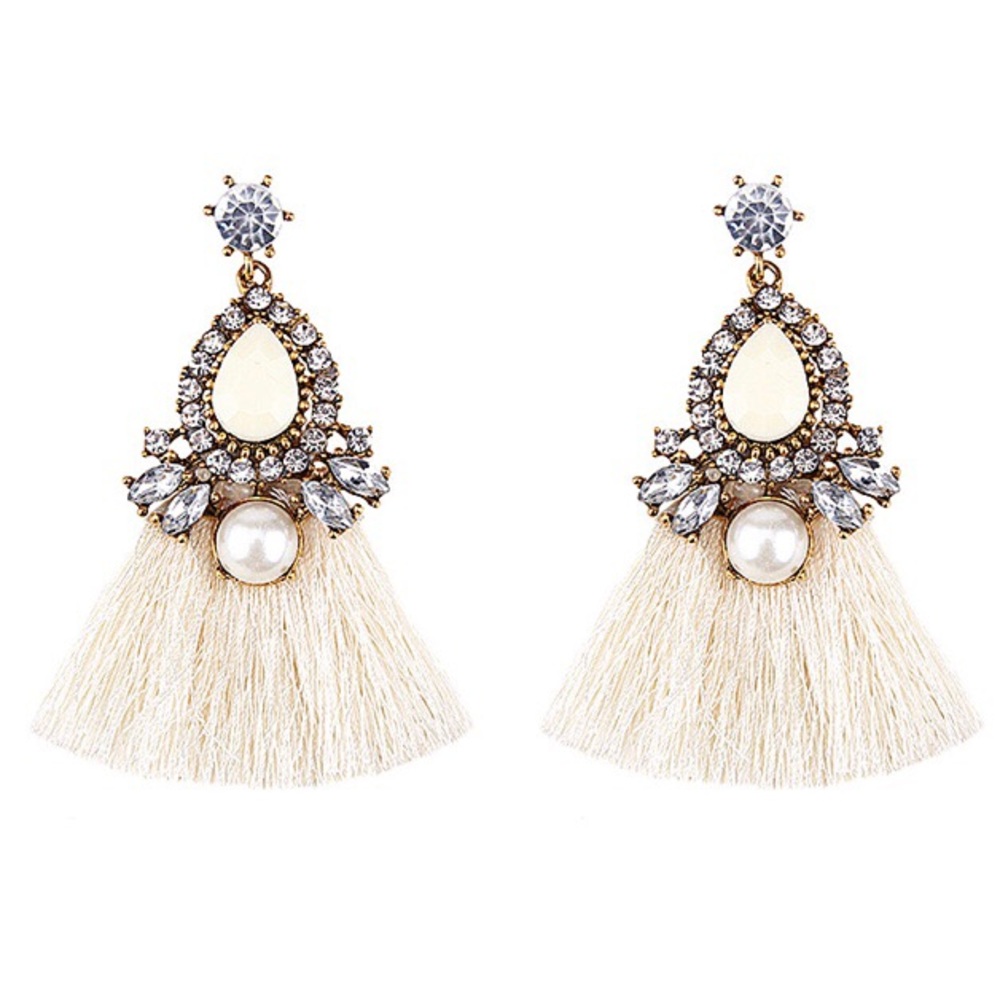 Pearl and Tassel Fringe Earrings - White